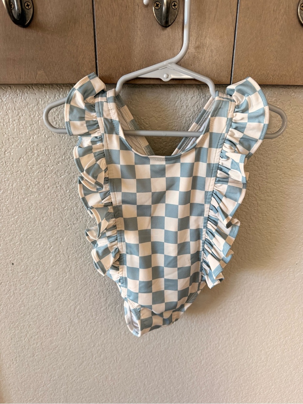 Blue & White Checkered Ruffle One-Piece Swimsuit